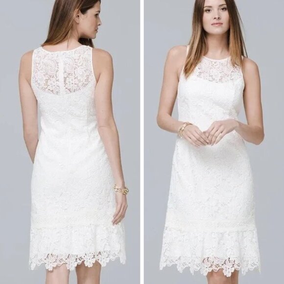 White House Black Market Dresses & Skirts - WHBM Sleeveless White Floral Lace Flounce-Hem Shift Dress